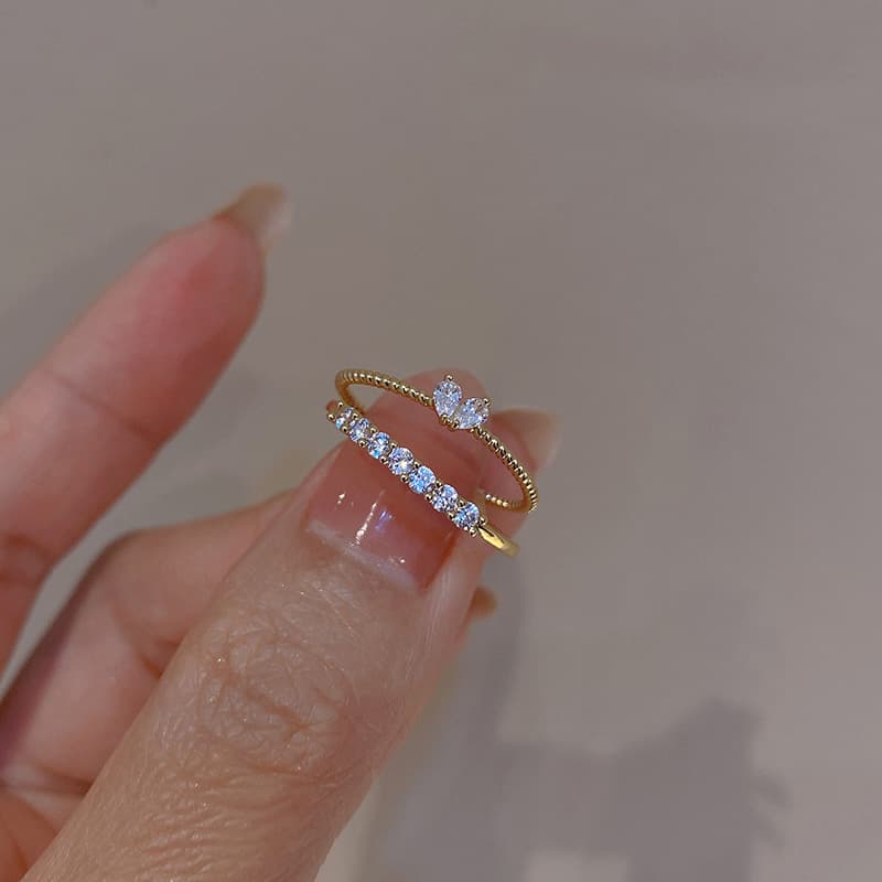 Cross-Border New Ins Simple Live Ring Light Luxury Niche Personalized Diamond Heart Joint Ring 2-Piece Set Wholesale