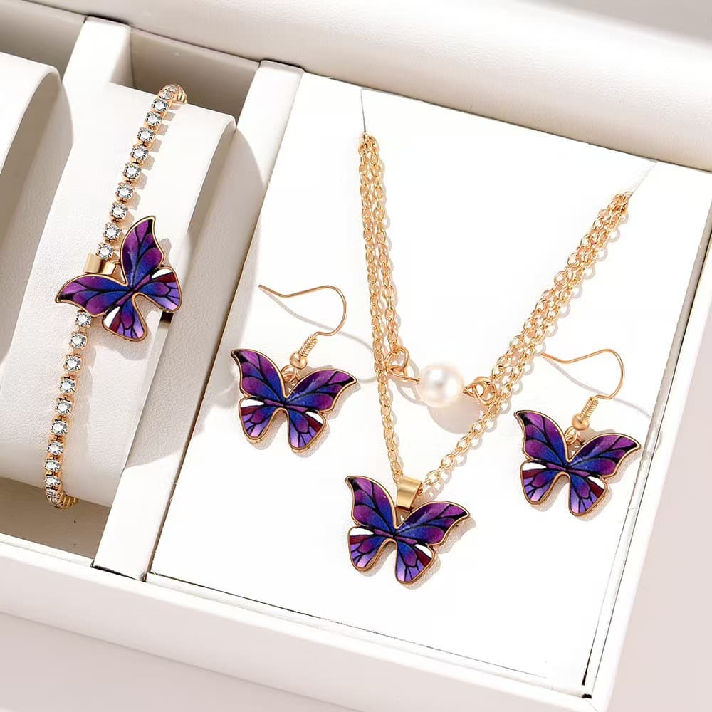 European and American Cross-border Hot Butterfly Pendant Jewelry suit 3 Piece Set Creative Earrings Necklace Bracelet Combination suit Now