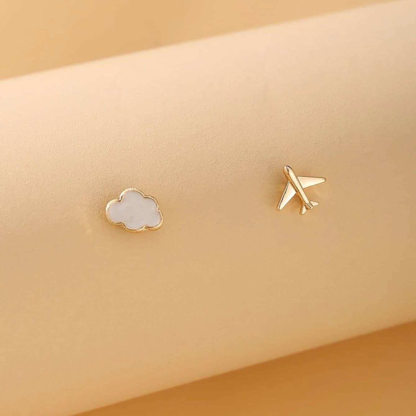 Cross-Border New Cute Cloud Airplane Asymmetric Earrings for Women European and American Creative Sweet Oil Dripping White Earrings Wholesale