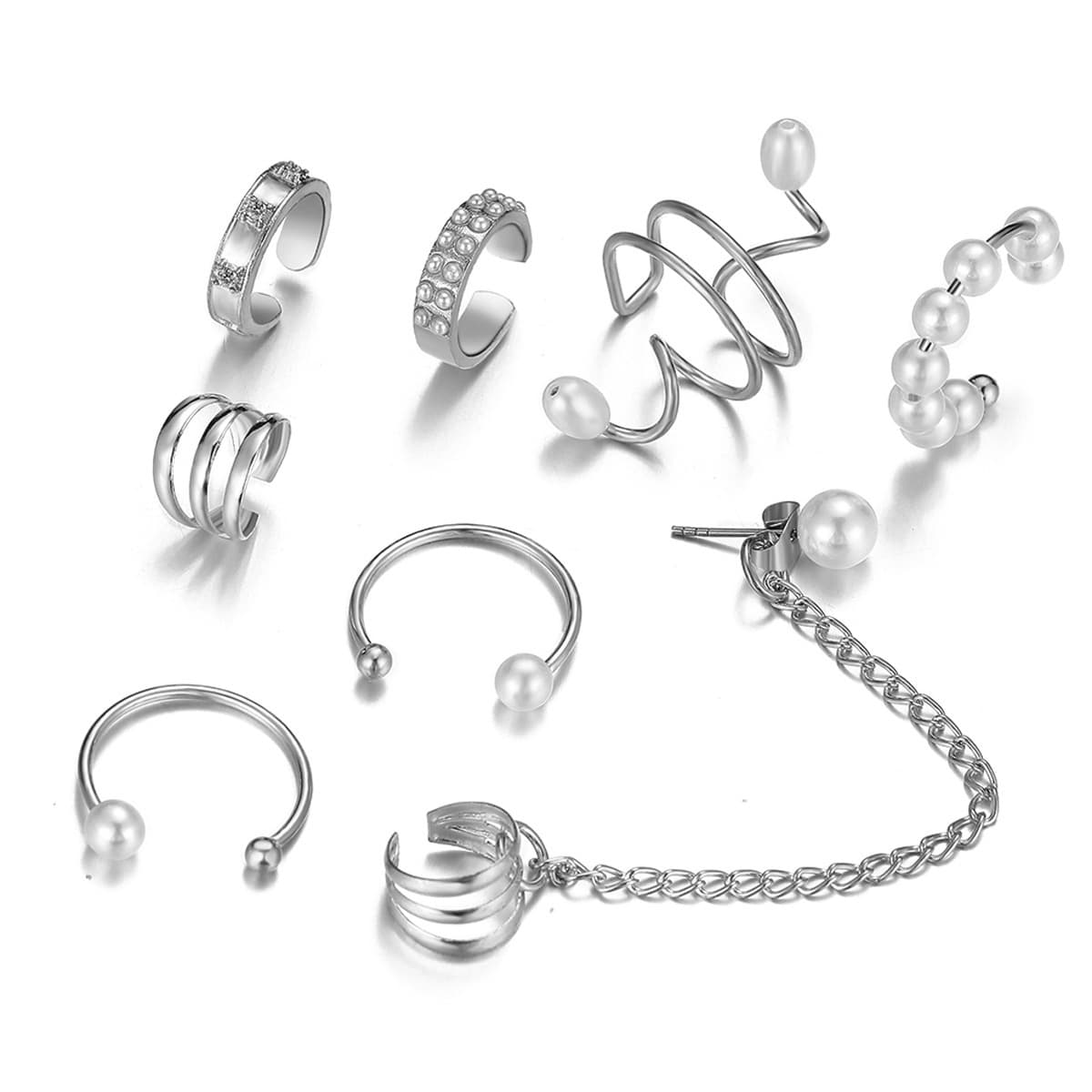 New Cross-Border Ins Creative Pearl Tassel Non-Pierced Ear Bone Clip Simple Ear Clip Set 8-Piece Set of Earrings Wholesale