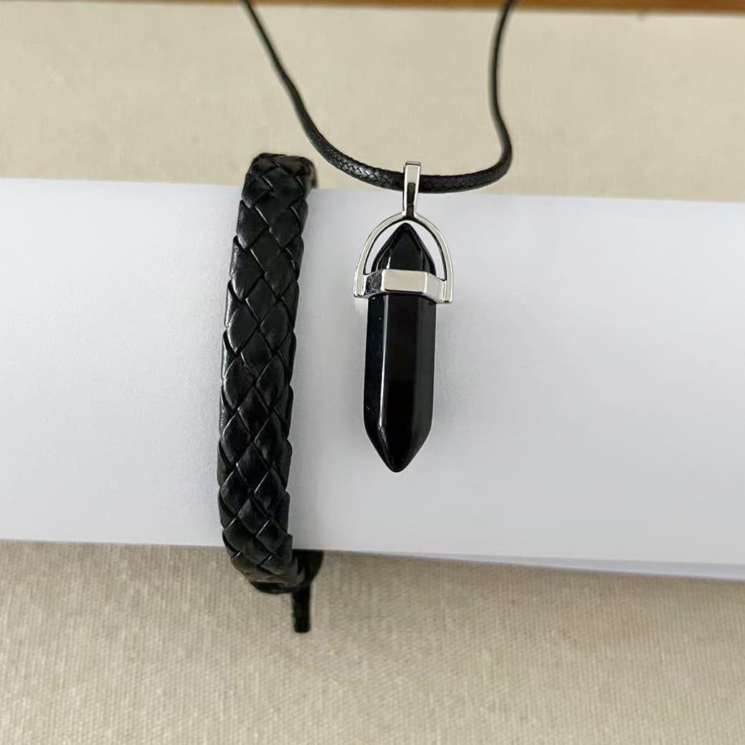 European and American fashion hand-woven cowhide bracelet leather rope hexagonal column pendant necklace combination suit popular jewelry