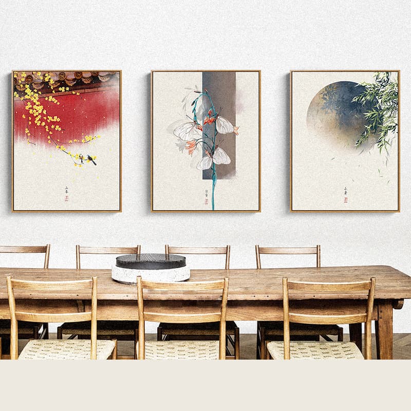 New Chinese-Style Decorative Painting of the Twenty-Four Solar Terms for Living Room and Study Background Wall, Guesthouse Triptych Hanging Painting, Crystal Porcelain Painting