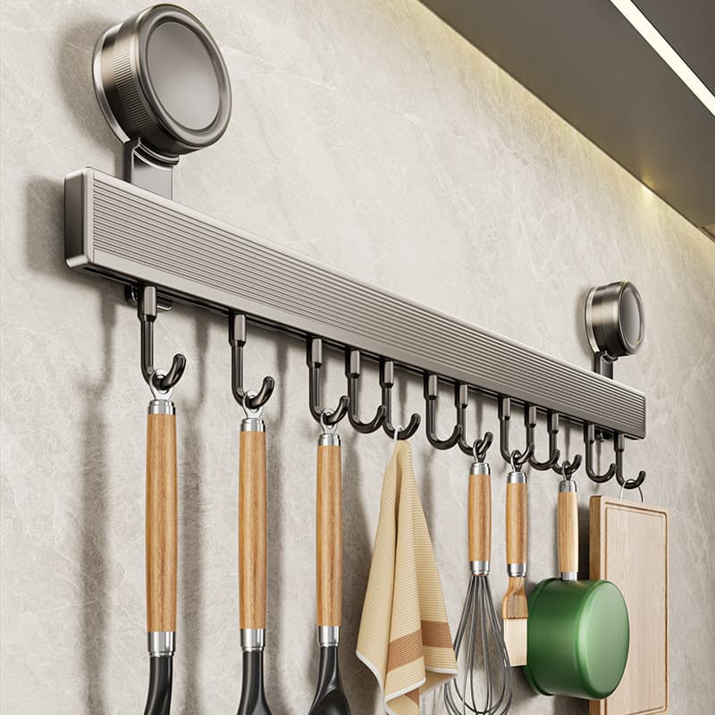 Suction Cup Kitchen Hooks Kitchen Storage Rack No-Drill Hanging Rod Spatula Spoon Row Hanging Rack Wall-Mounted Storage Rack
