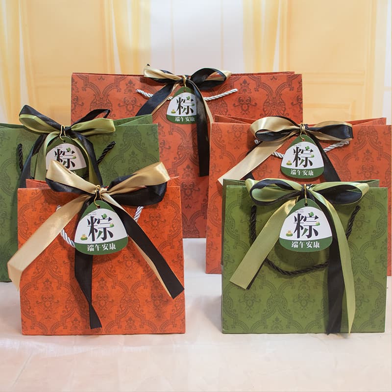 Dragon Boat Festival Zongzi Gift Bag Green Packaging Bag Thickened Bowknot Tote Paper Bag Birthday Large and Small Gift