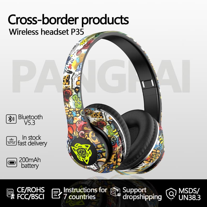Hot Product P35 True Wireless Head-Mounted Bluetooth Headset National Trend Graffiti Call Music Cross-Border E-Commerce Manufacturer Wholesale