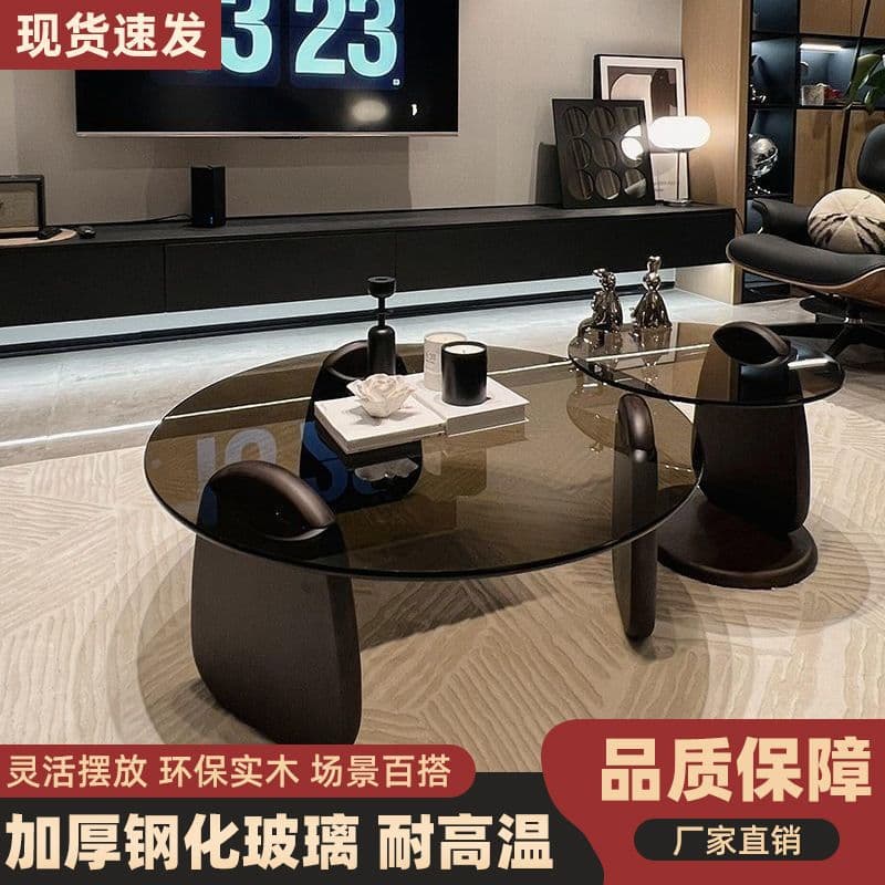 Round Coffee Table Living Room Household Small Apartment Light Luxury Modern Tea Table Simple Creative Tempered Glass Coffee Table Combination