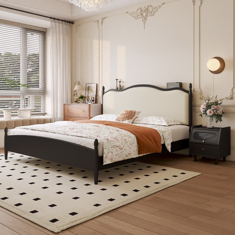 French retro solid wood bed master bedroom simple 1.5 m soft bag single bed rubber wood 1.8 m black double bed