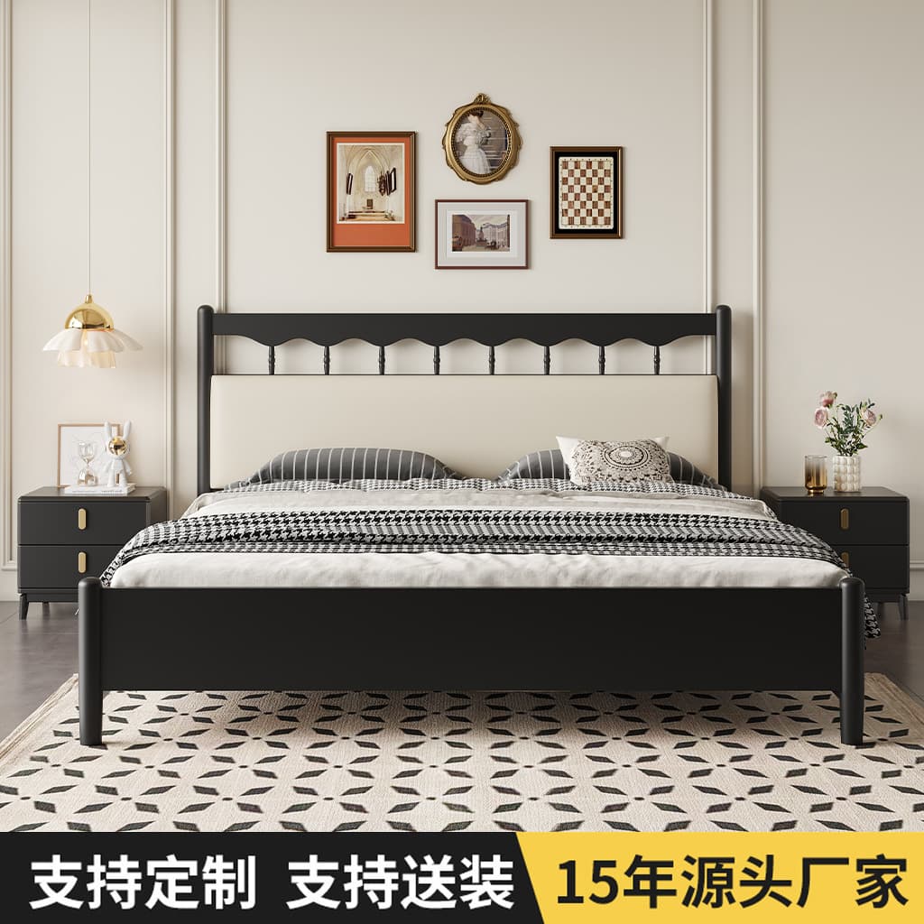 Retro black solid wood bed cream style 1 M 5 Windsor soft covered wooden bed wholesale 1.8 m double bed home master bedroom