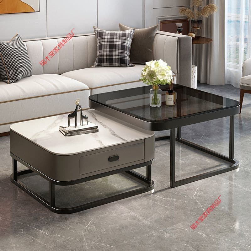 Trendy Slate Coffee Table for Living Room, Nordic Light Luxury Modern Square Combination Glass Small Apartment Simple Tea Table