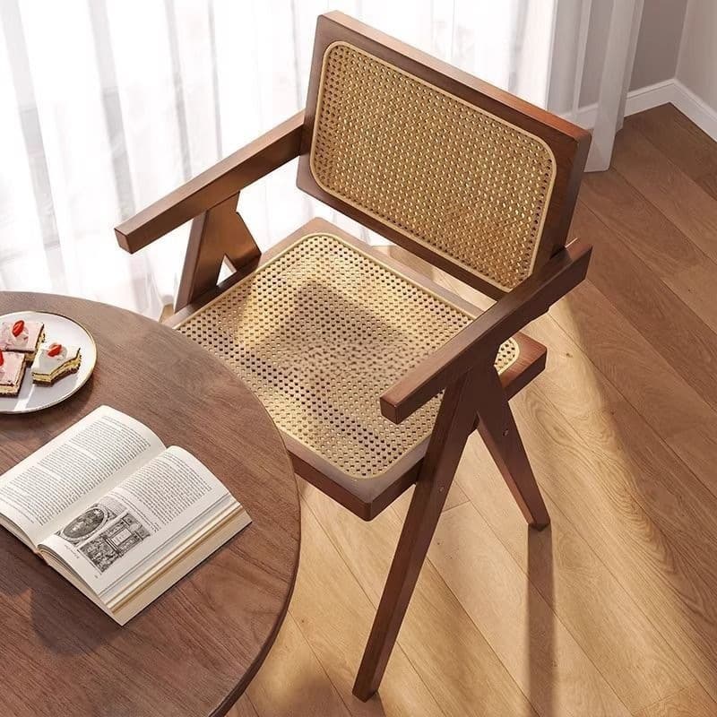 Vintage Wabi-Sabi Solid Wood Rattan Dining Chair Japanese Style Backrest Designer Chandigarh Chair Home Armrest Desk Chair