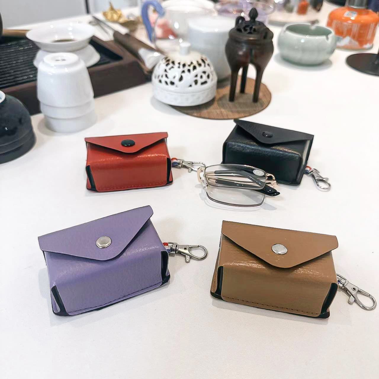 Fashionable Colorful Folding Glasses Case for Women with Hook Leather Case Button Case Compact Portable Folding Reading Glasses Case