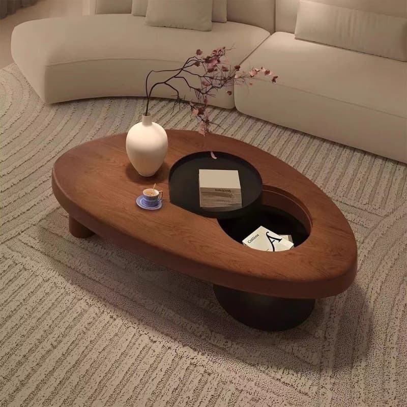 Vintage-Style Coffee Table Made of Solid Wood for Living Room, with Storage, Suitable for Small Apartments, Minimalist Designer New Model, Wabi-Sabi Style Tea Side Table